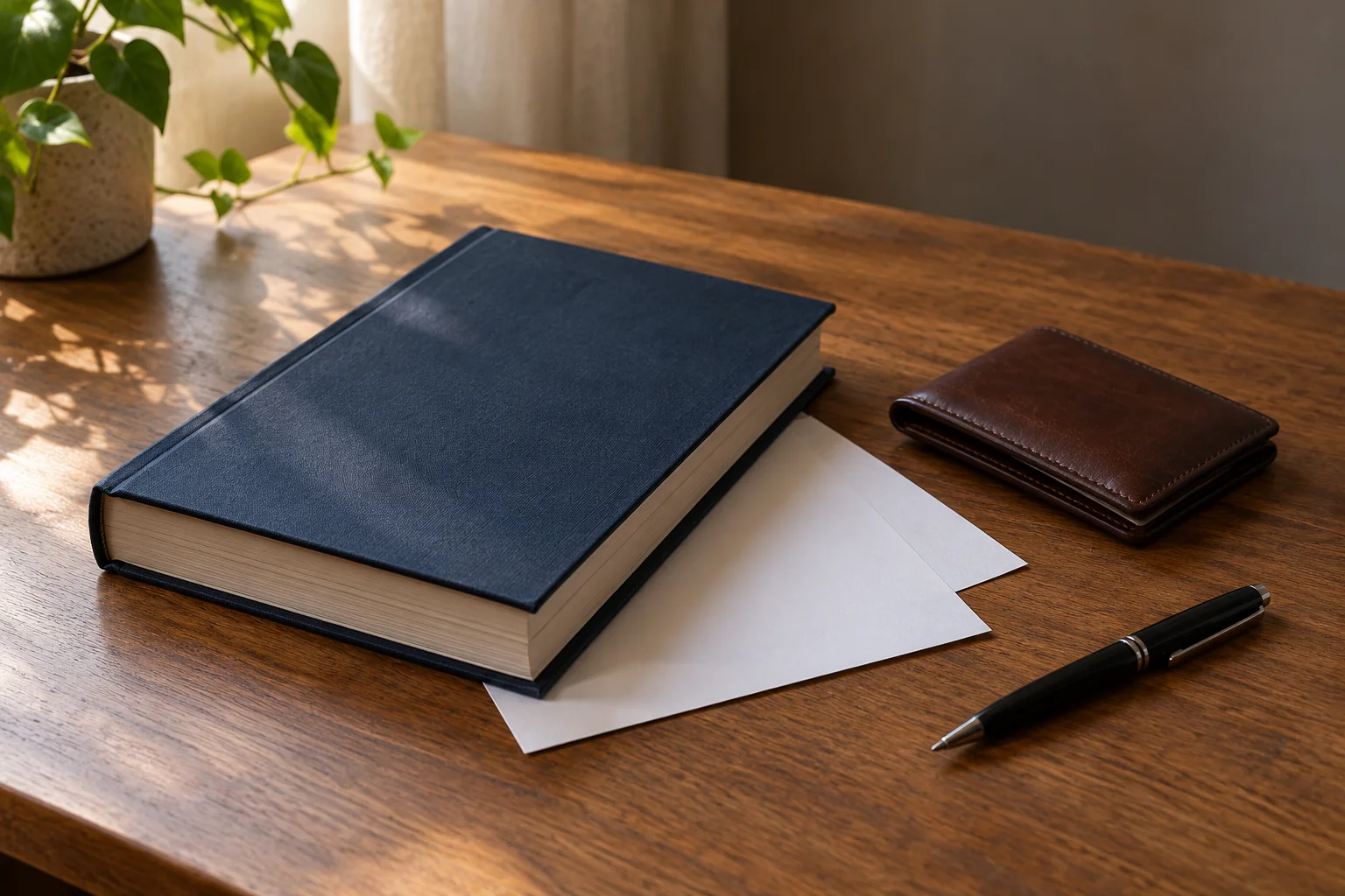Книга без названия, кошелёк, бумага и ручка